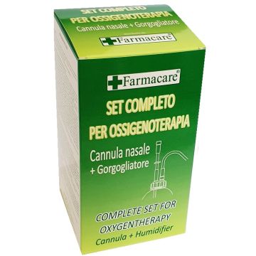 Set per ossigenoterapia con sostegno a occhiale munito di tubo di collegamento flessibile antiotturamento ed un gorgogliatore per umidufucazione